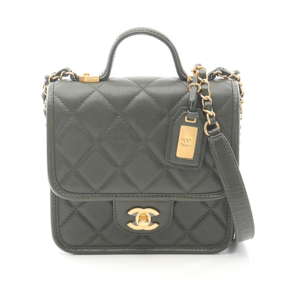 Chanel Top Handle Matelasse Shoulder Bag Caviar Skin Grained Calfskin Khaki